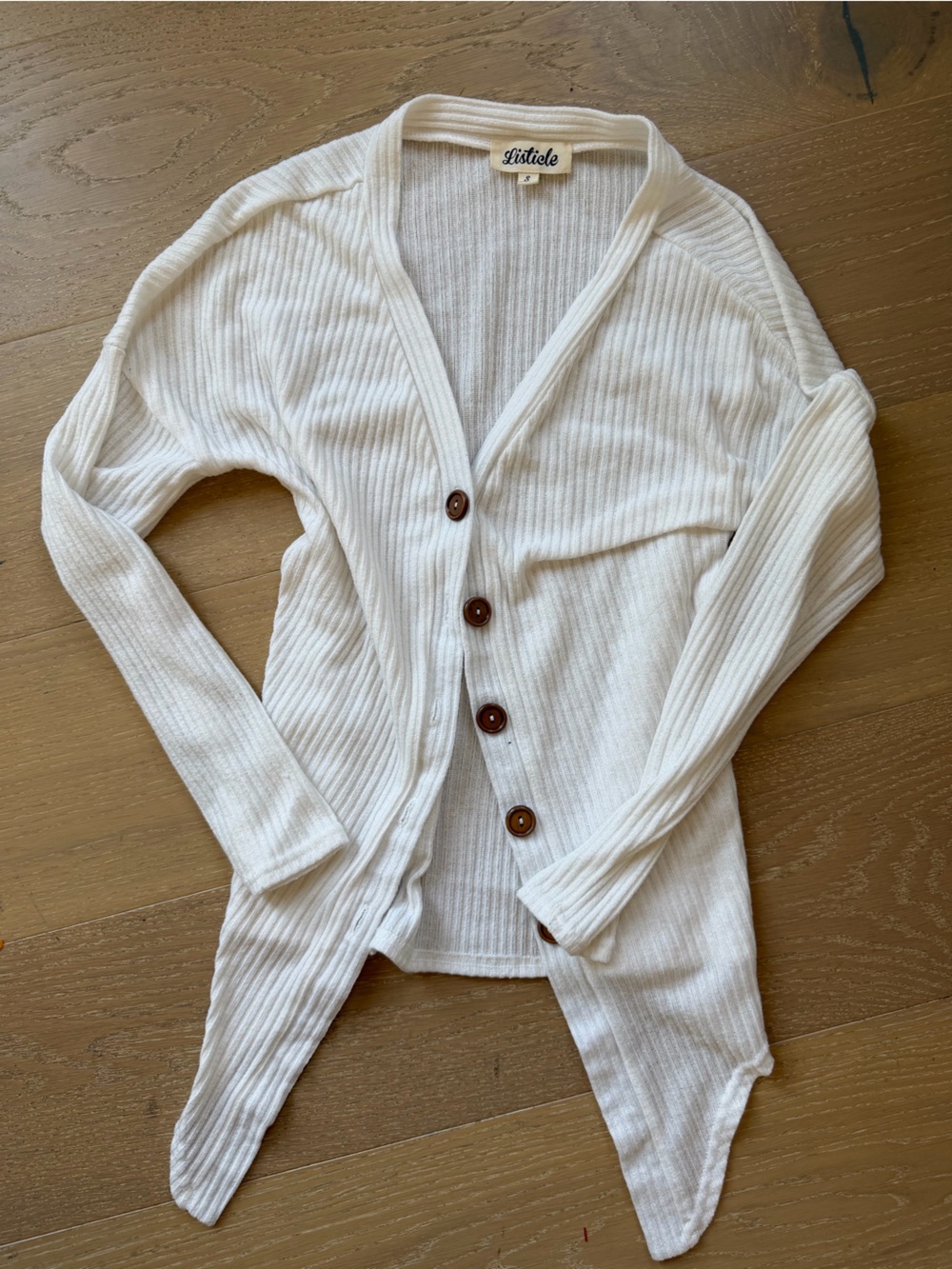 Listicle Cream Ribbed Button Cardigan with Brown Buttons